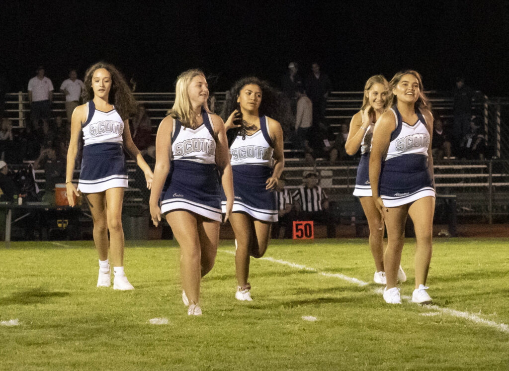 A group of cheerleaders on a football field.