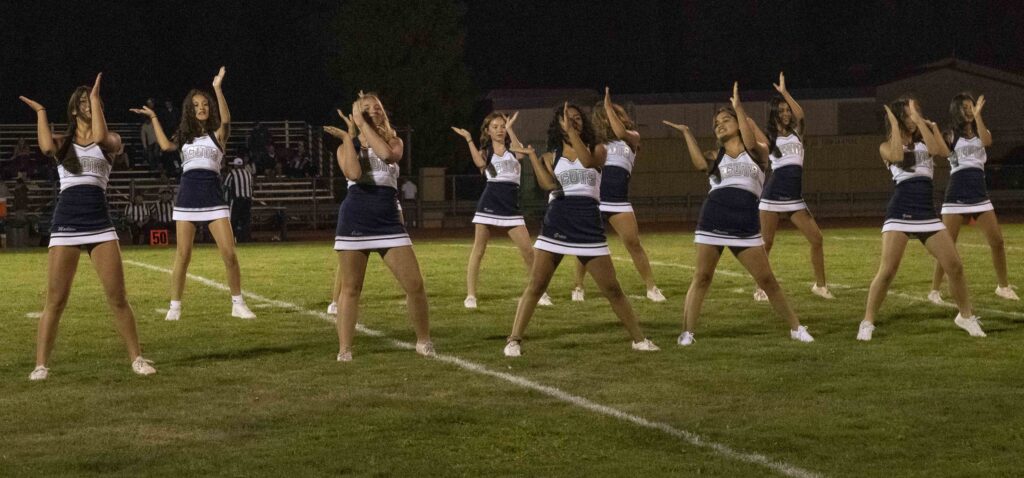 Cheerleaders perform on a field at night.