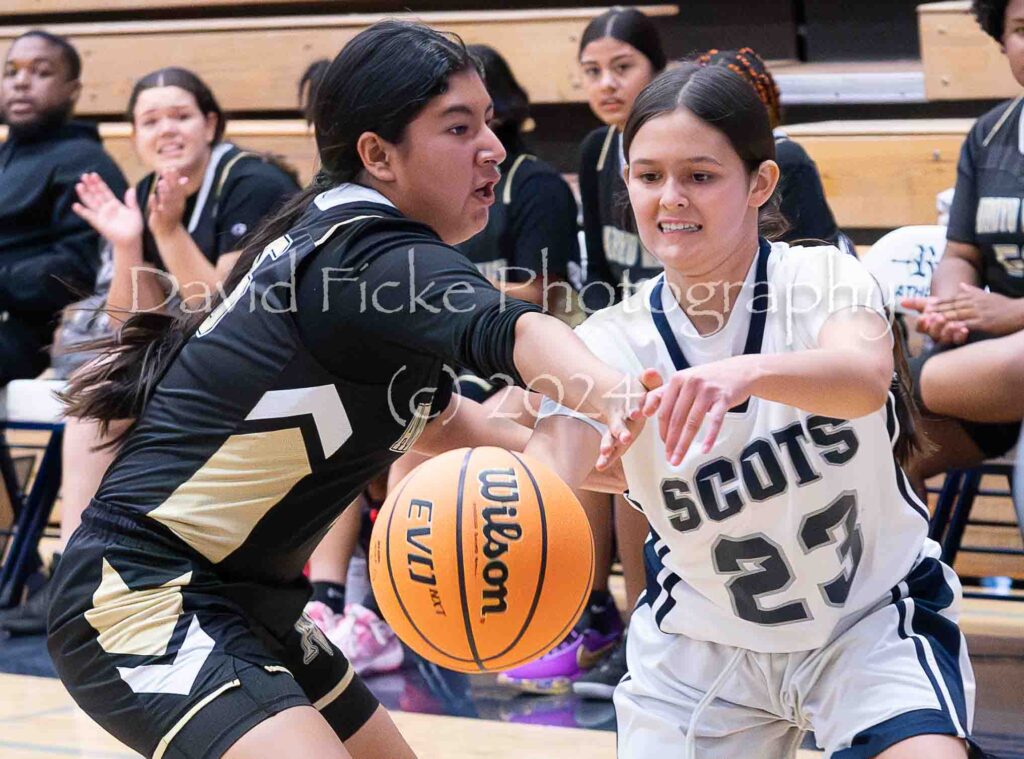Two girls playing basketball in a game.