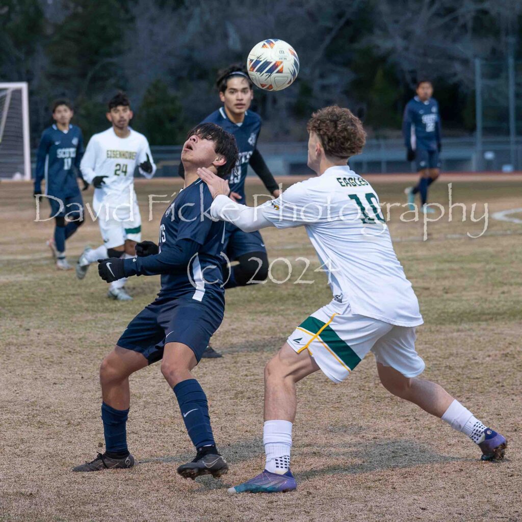 Two soccer players fighting for the ball.